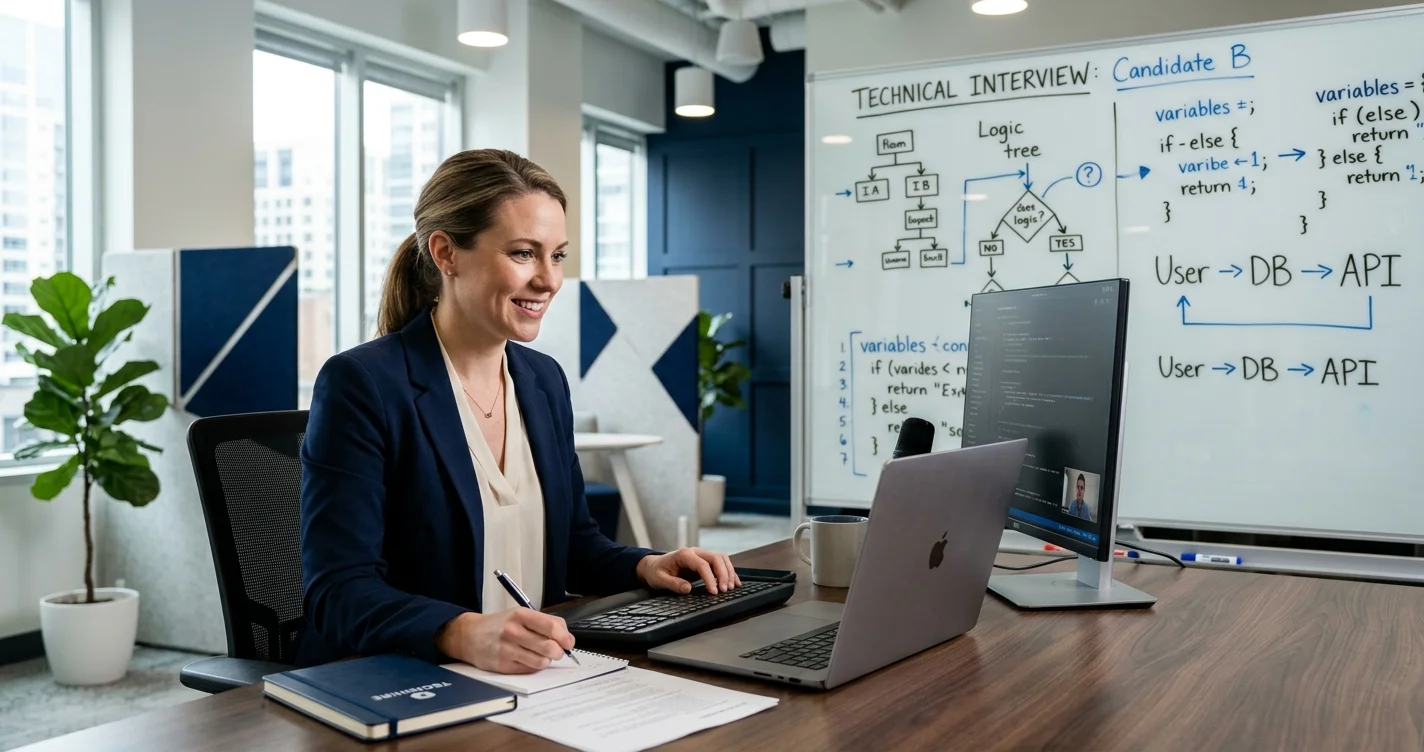 Professional reviewing technical evaluation notes at a clean desk
